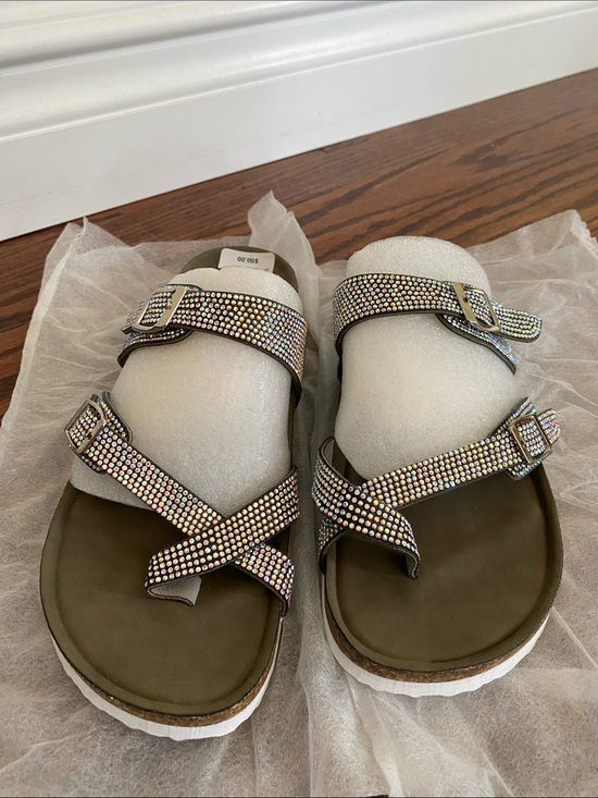 Madden Girl Shoes - Madden Girl Olive Sandals with Iridescent Crystal Straps and Buckles